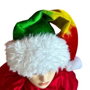 Tie Dye Santa Hat Handcrafted Hippy Handsewn Red Yellow Green Whimsy Christmas
